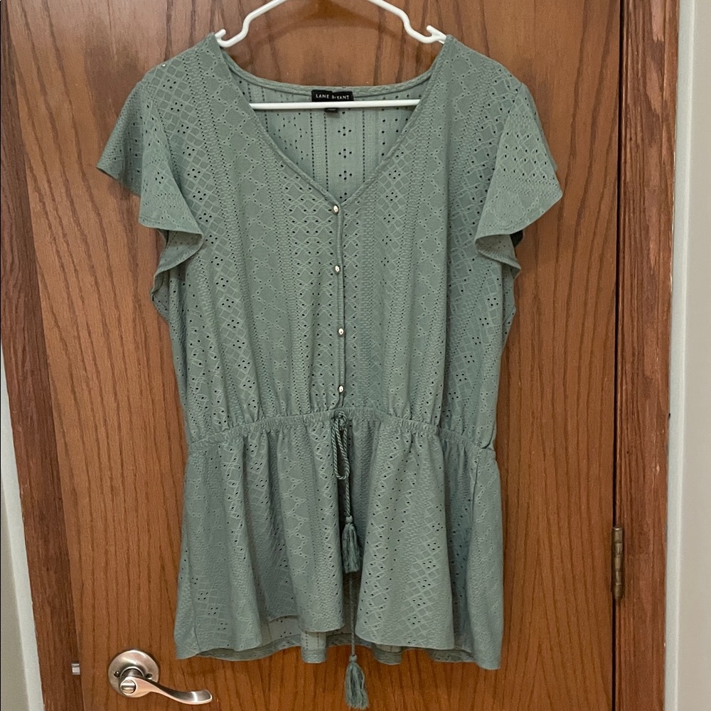 Lane Bryant UEC Sz 18/20 Sage Green Eyelet Peplum Top with Tassel Tie